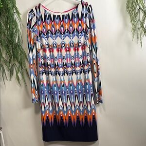Vince Camuto Orange and Blue Sheath Dress with Bateau Neckline